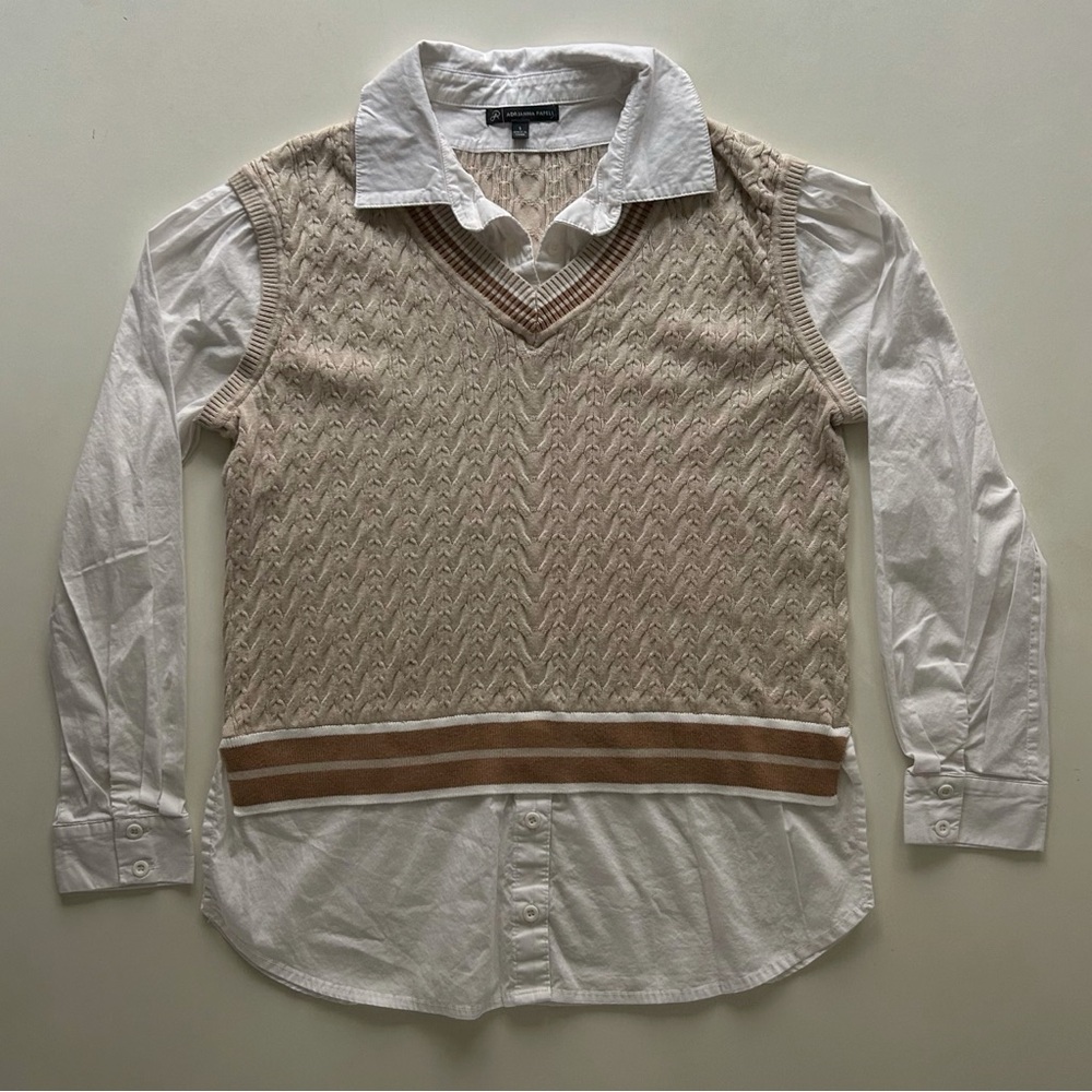 Adrianna Papell Cable Knit Sweater Vest Layered Button Shirt Top Size S